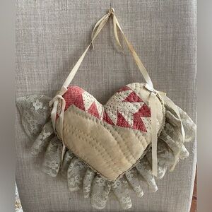 Vintage Cottage Quilted Heart Pillow Lace Trim